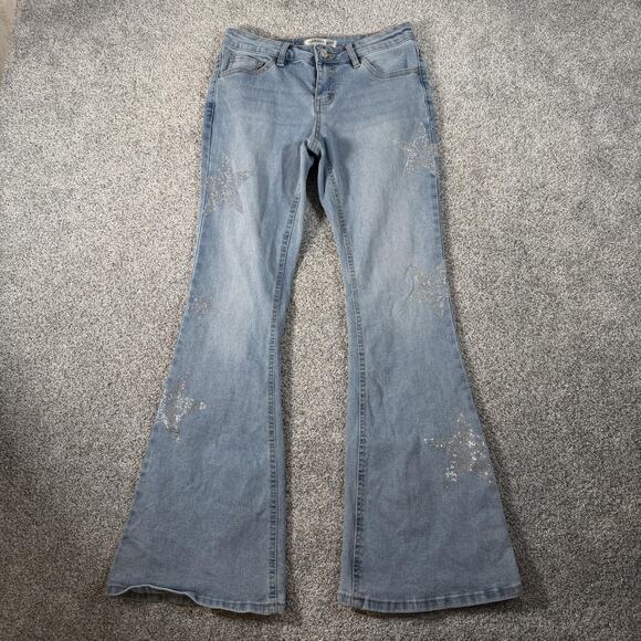 Madden Girl Denim - Madden Girl Flare Jeans Juniors 3 28x31 Low Rise Blue Light Rhinestone Stars